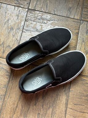 Vans Black Canvas Slip-On Loafers with White Trim
